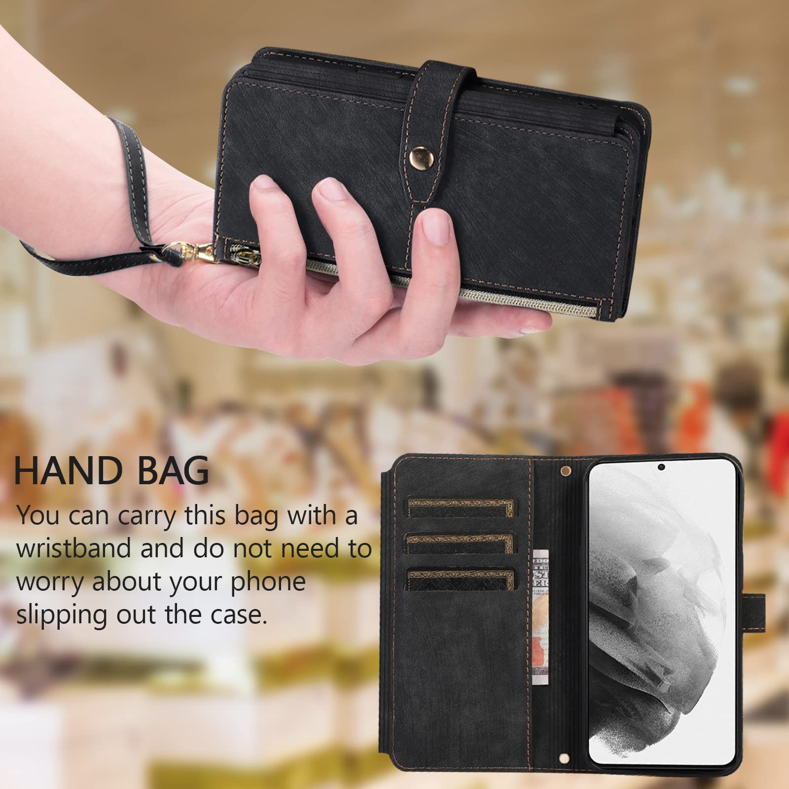 UEEBAI Etui do Samsung Galaxy S23 FE 5G, 9 przegródek na karty, retro, skórzane, z klapką, odporne na uderzenia, z paskiem na rękę, funkcja stojaka, zamek błyskawiczny, zapięcie na magnes, retro