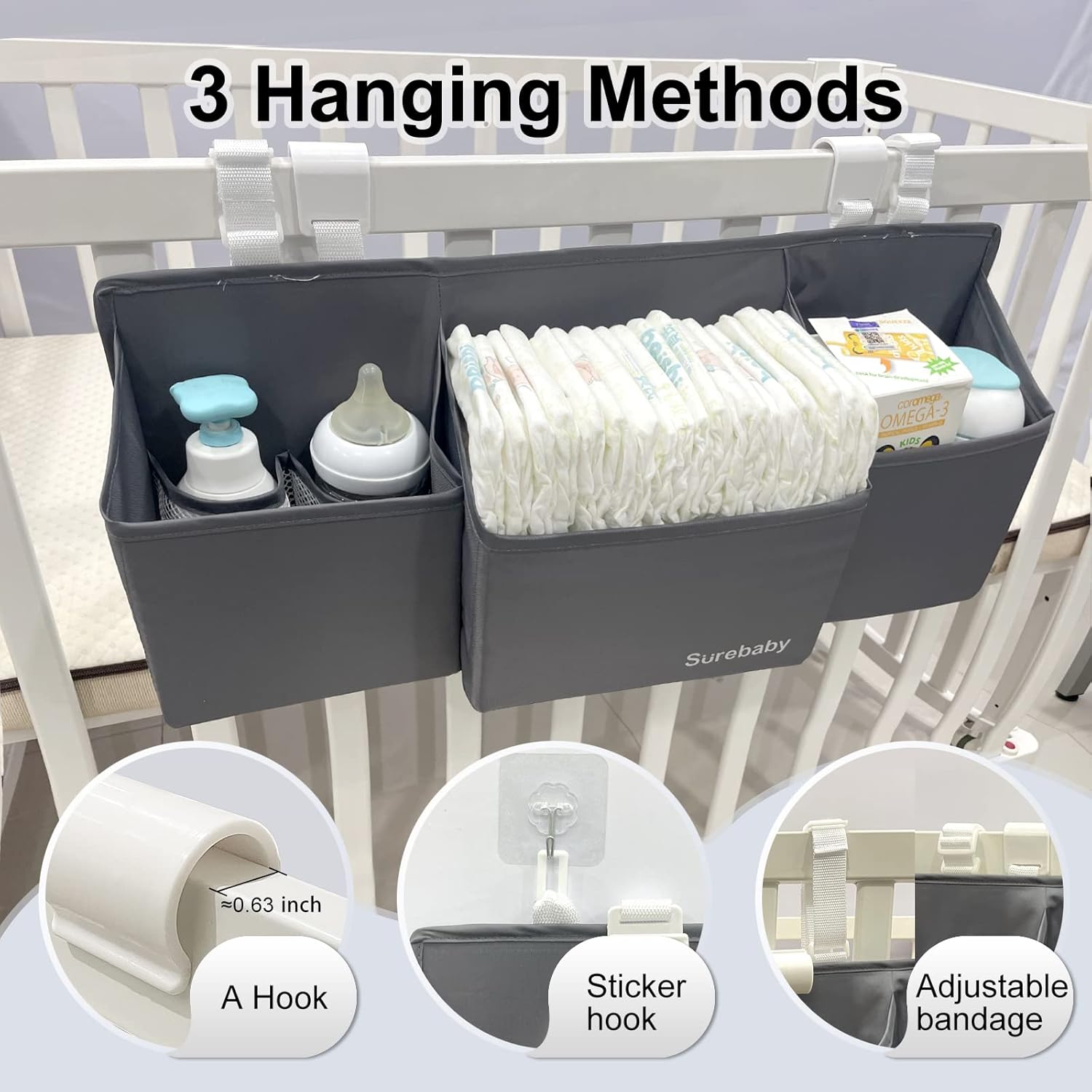 Hanging Baby Diaper Caddy, 3-in-1 Diaper Caddy Organizer Holder For Baby Crib, Nursery Organization Diaper Stacker Storage For Crib, Changing Table-Grey - Image 2