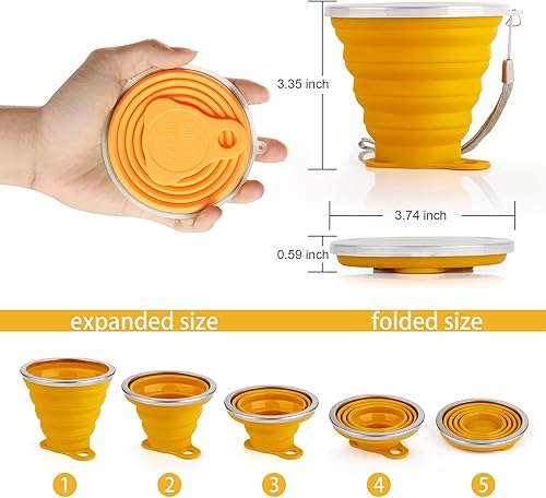 Miniatura 6 de IYYI Taza de viaje plegable de silicona, taza de campamento plegable de 9.22 onzas con tapa, juego de tazas para beber expandibles, taza de café