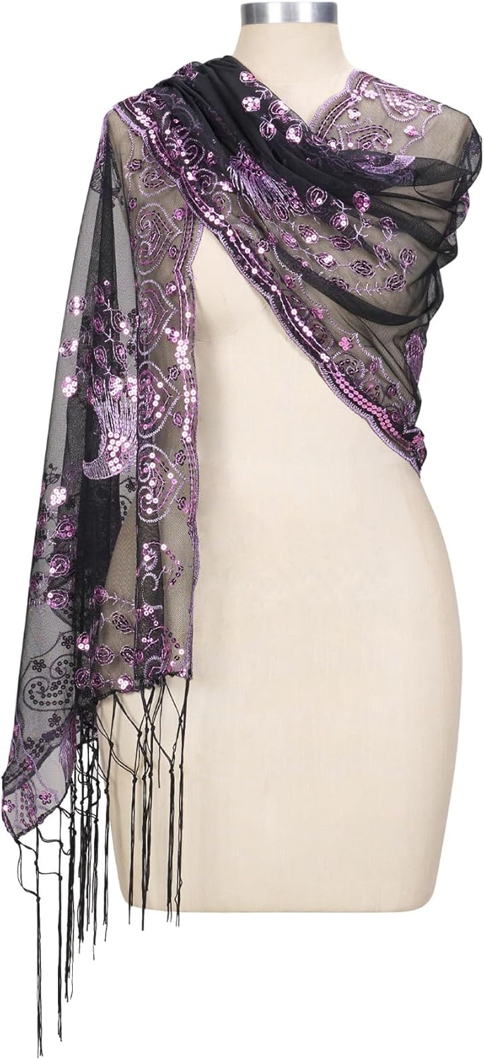 SWEETV Women's 1920s Long Shawl Wraps,Sequin Flapper Evening Shawls for women formal/Party/Wedding/Formal/Harlem night - Image 6