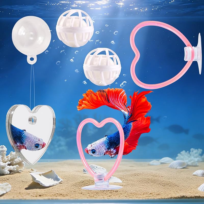 Acessórios para Aquário de Betta com Anéis de Alimentação, Espelhos em Formato de Coração e Bolas Filtrantes Swirge, Rosa, Pacote com 2