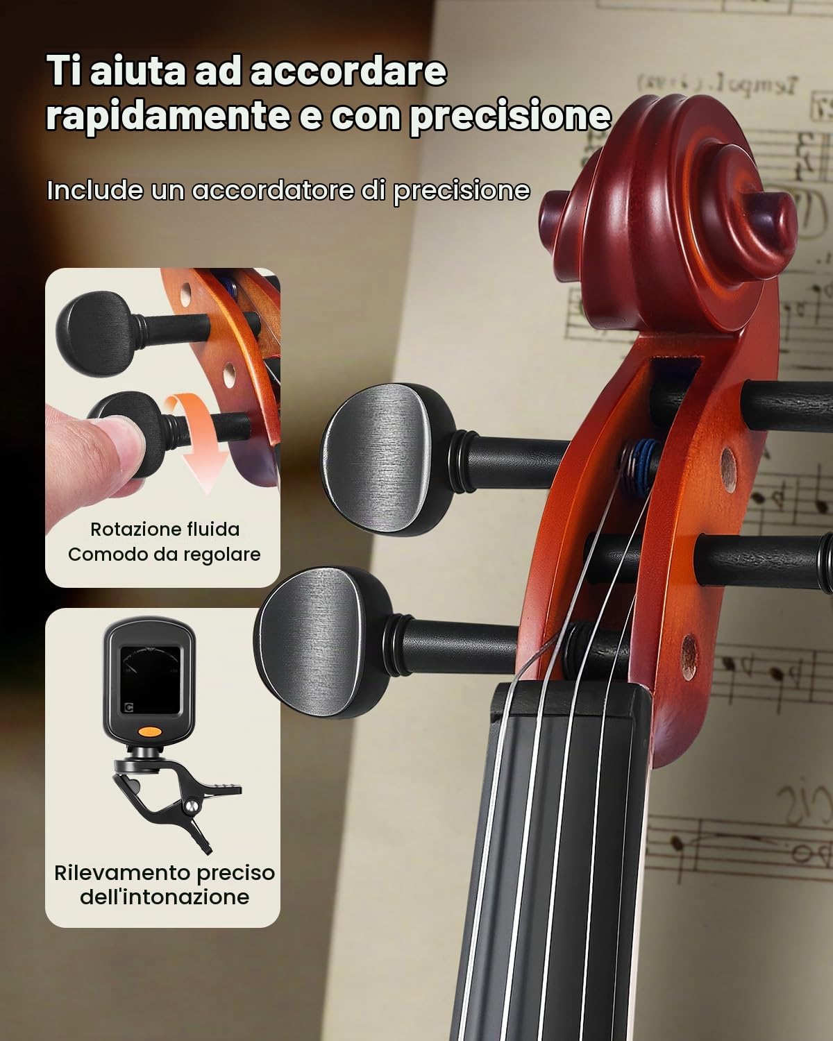 VEVOR Set di Violino 355 mm Set Completo per Violino con Custodia Rigida, Colofonia, Archetto, Spalliera, Ponticello, Accordatore e Corde Extra, Strumenti Musicali per Adulti, Studenti, Marrone Opaco