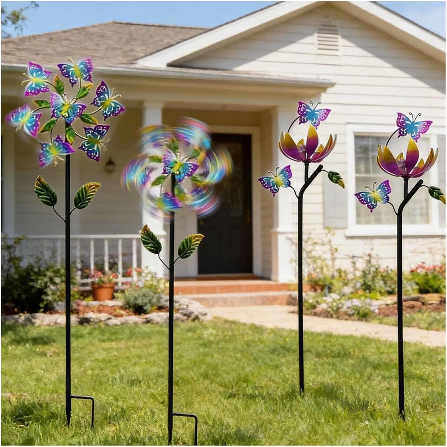 Pinwheels for Yard and Garden, 46 inch/117cm Butterfly Garden Wind Spinners for Yard 3D Wind Sculptures, Butterfly Outdoor Windmill Decor Gifts for Family Friends,A+B（4Packs）