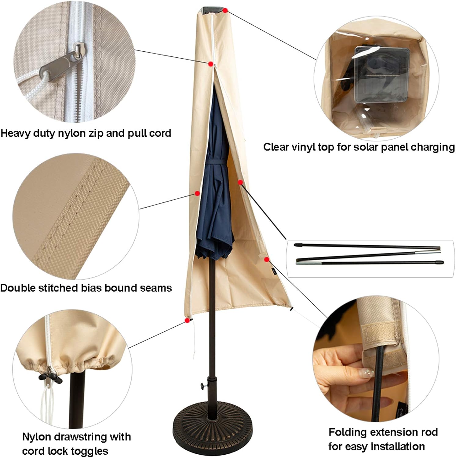 C-Hopetree Patio Umbrella Cover for 7ft to 11ft Solar LED Outdoor Market Umbrellas, Waterproof, with Zipper and Rod, Beige