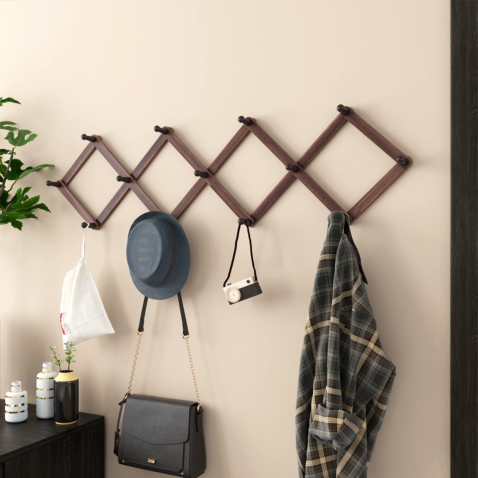 OROPY Wooden Expandable Coat Rack Hanger, Wall Mounted Accordion Pine