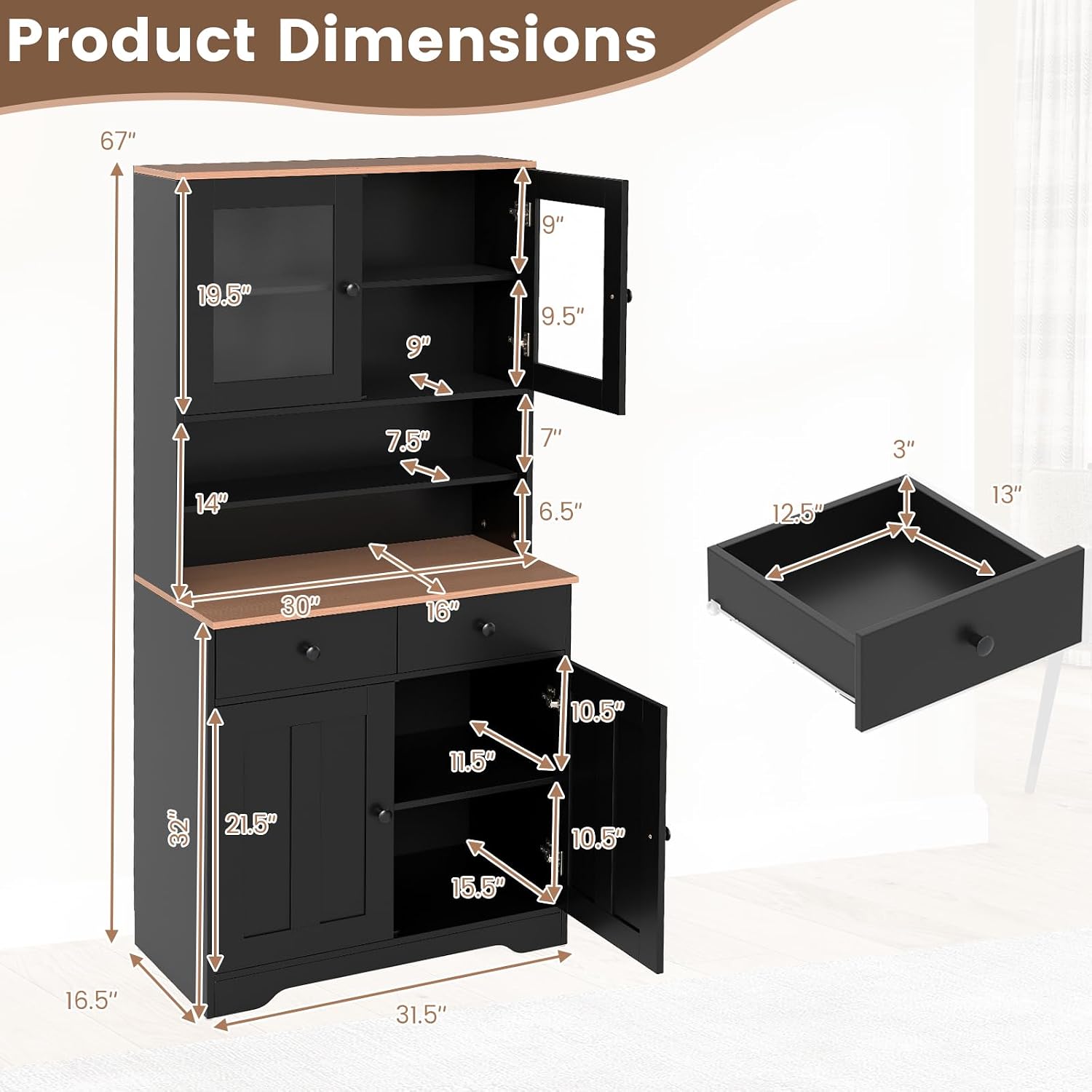 LOKO 67” Tall Kitchen Hutch Cabinet, Pantry Cabinet with 2 Removable Shelves, 2 Drawers, 2 Glass Doors & 1 Cupboard, Farmhouse Storage Organizer for Dining Room, Living Room (Black)