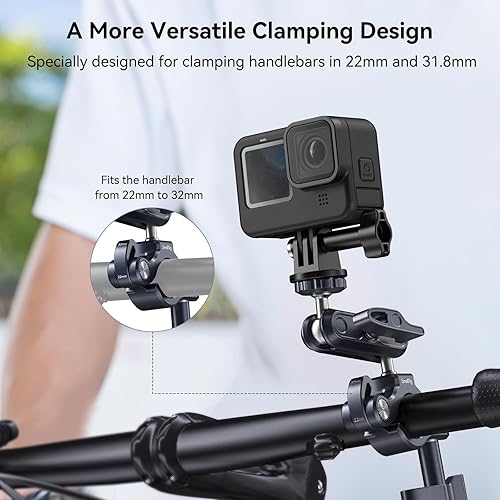 Miniatura 5 de SMALLRIG Soporte de manillar de motocicleta para Gopro, soporte de barra de poste y rollo, CNC todo metal 0.866-1.260 in para cámaras de acción