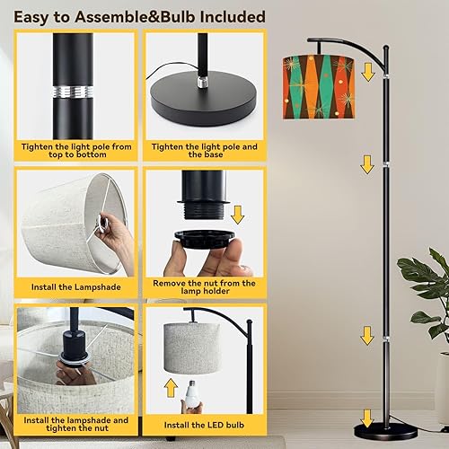 Miniatura 7 de 50s Mid Century Modern Vintage Retro 1950s Mod Fifties Arc Floor Lamp with Remote Tall Standing Light Working with Adjust Head Dimmable LED Bulb