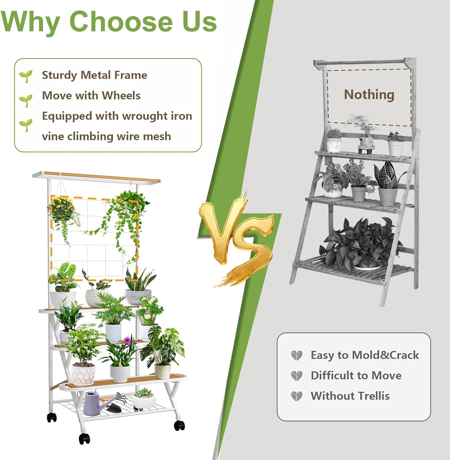 4 Tier Plant Stand Indoor Outdoor with Wheels, Large Metal Plant Shelf for Multiple Plants, Heavy Duty 130 lbs Capacity, Tall Flower Rack for Living Room Patio Balcony Garden, White