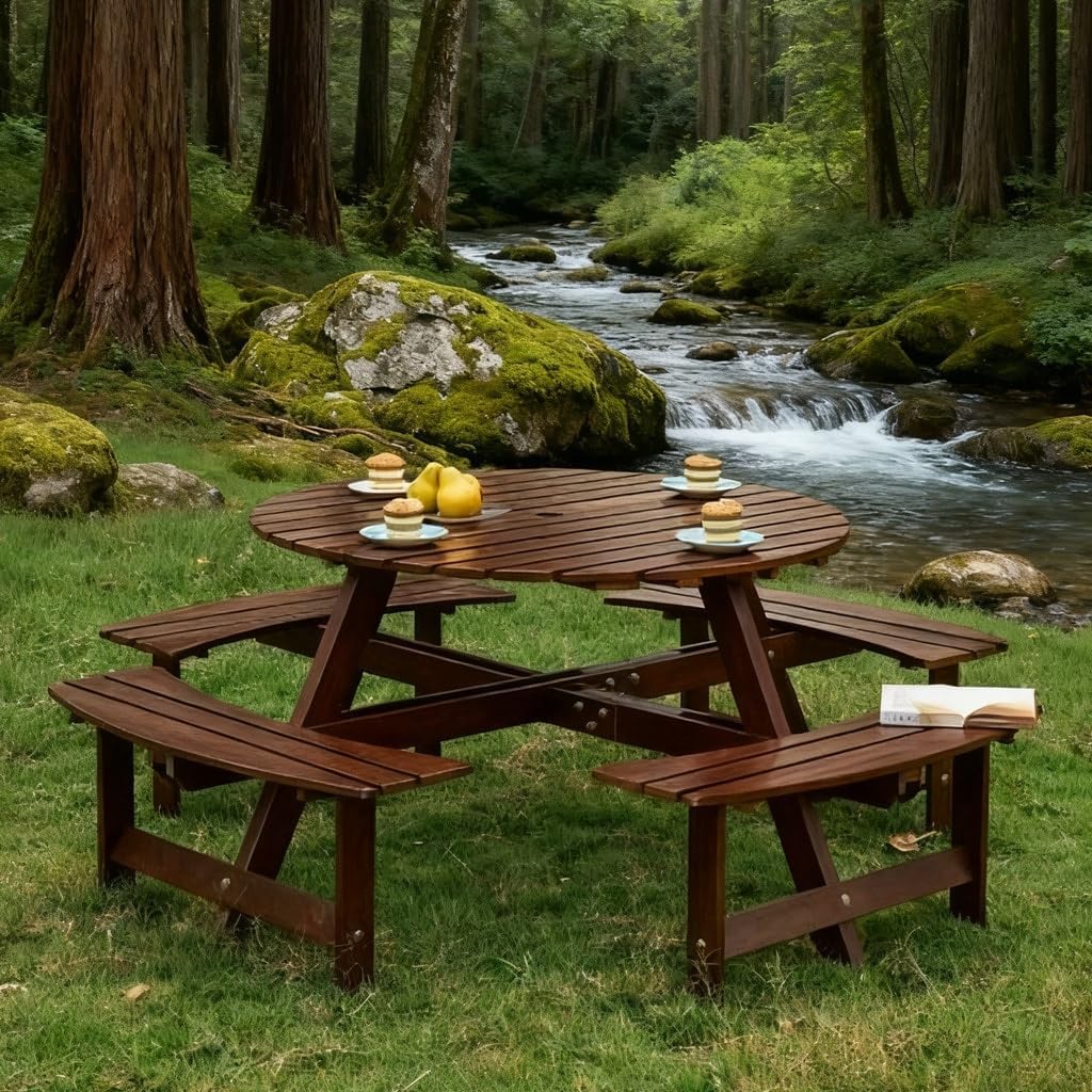 Brown Outdoor Picnic Table, 8-Person Round Set w/4 Built-in Benches & Umbrella Hole - Patio/Porch