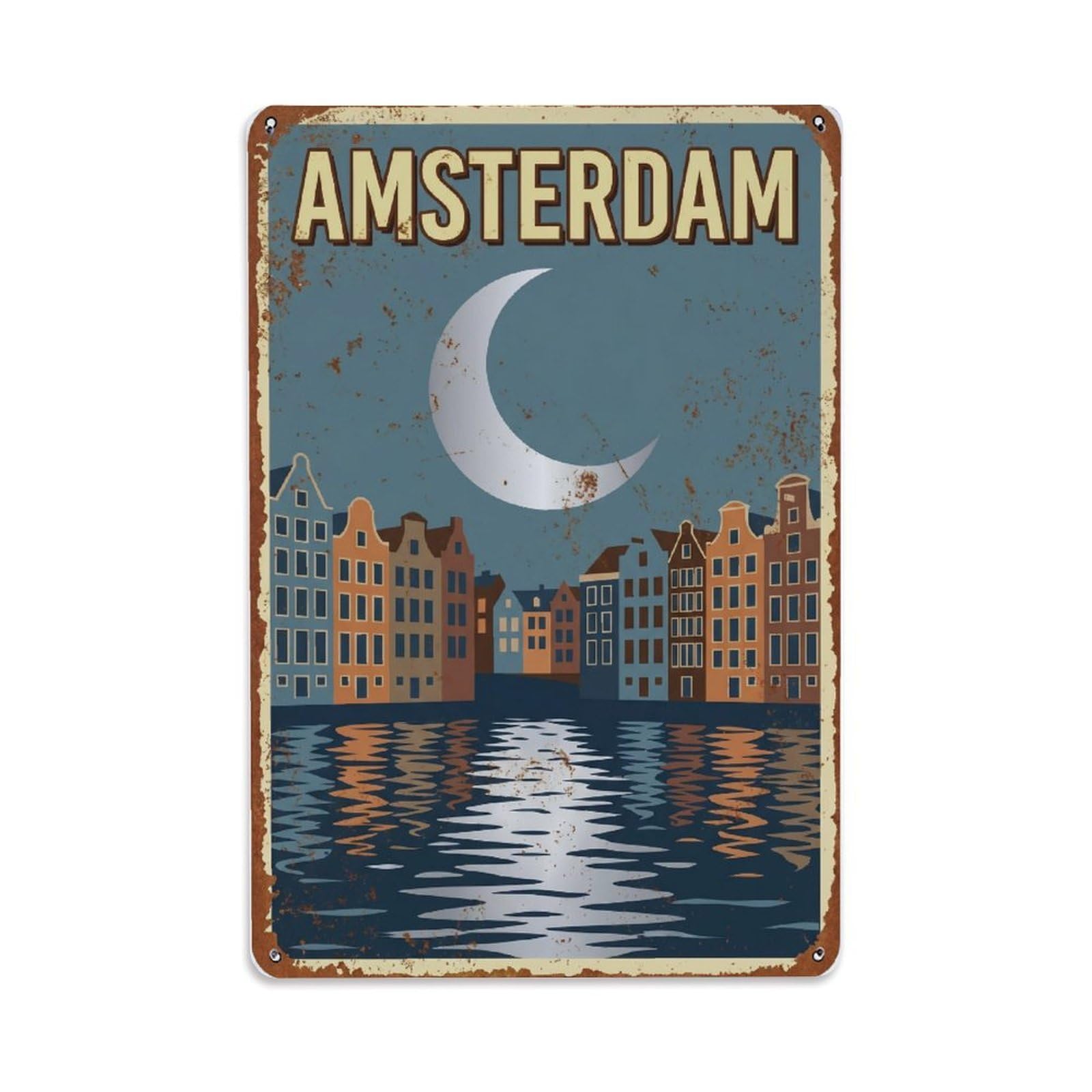 Vintage Travel Moonlight Netherlands Night Metal Tin Sign Plaque Wall Decor for Cafe, Club Bar, Office, Home Garden Metal Poster 8x12Inch