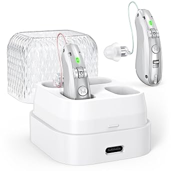 Rechargeable Noise Reducing Hearing Aid for Seniors, Digital Hearing Loss Amplifier with Charging Case. Silver