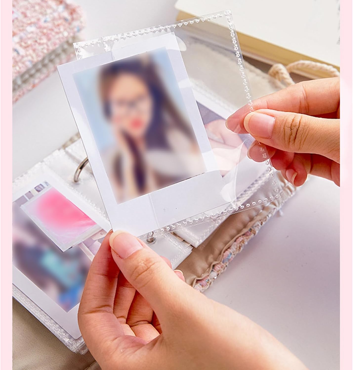 40 Pocket Photo Album with 3 Rings Cloth Binder Cover Photo Collection Book 3Inch Card Organiser Folder Elastic Closure Portable Storage Album Multipurpose Display Book