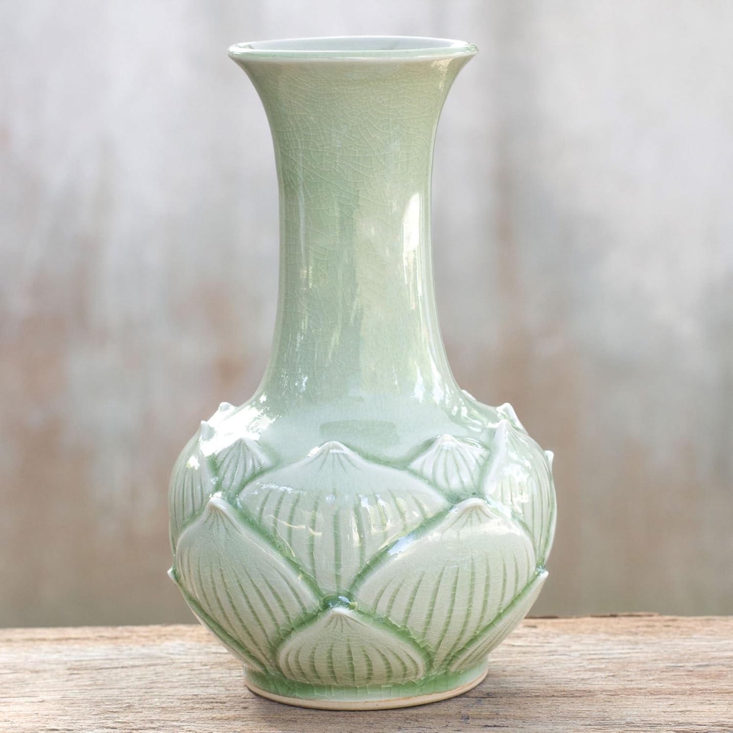 NOVICA Floral Celadon Ceramic Vase, Green, 'Jade Lotus'