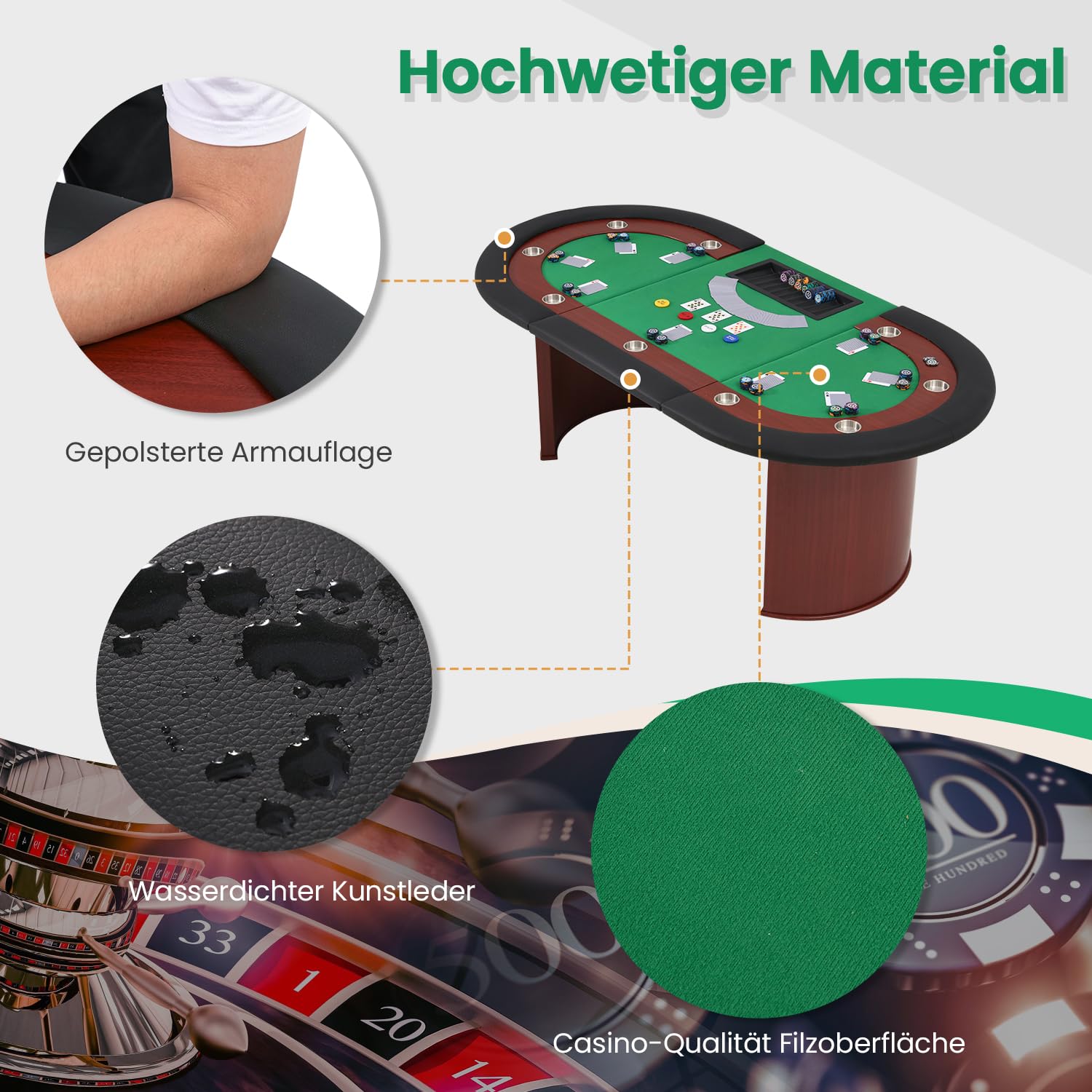 AVAWING Pokertisch für 10 Spieler, 9 Getränkehalter, abnehmbare Chipablage, gepolsterte Armauflage, Braun & Grün