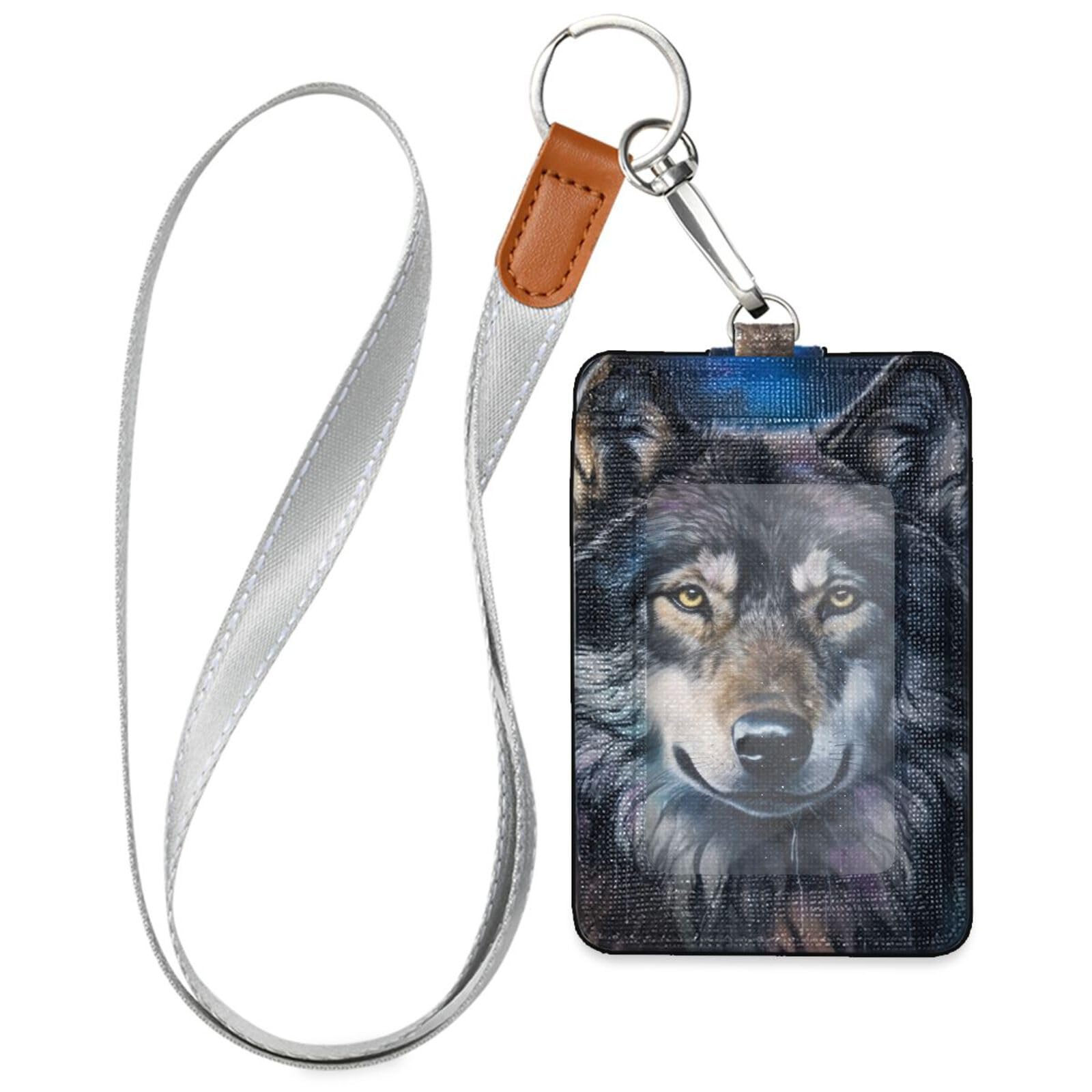 STAYTOP PU Leather ID Badge Holder Wallet,Cool Wolf Animal Badge Holder with Clear ID Window & Credit Card Slot and a Detachable Neck Lanyard for