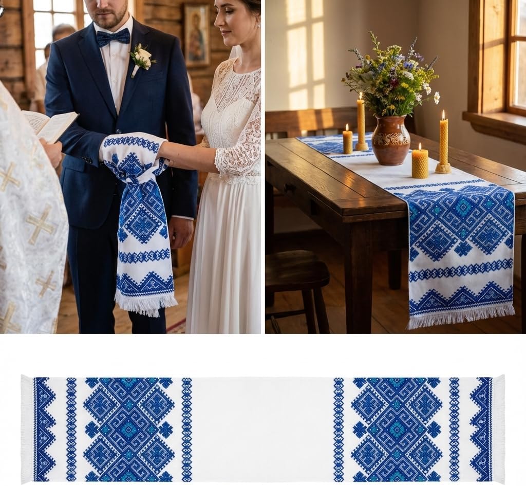 Ukrainian Embroidered Rushnyk Blue Geometric Cotton Table Runner Wedding Ceremony Decor Easter Cloth 79"