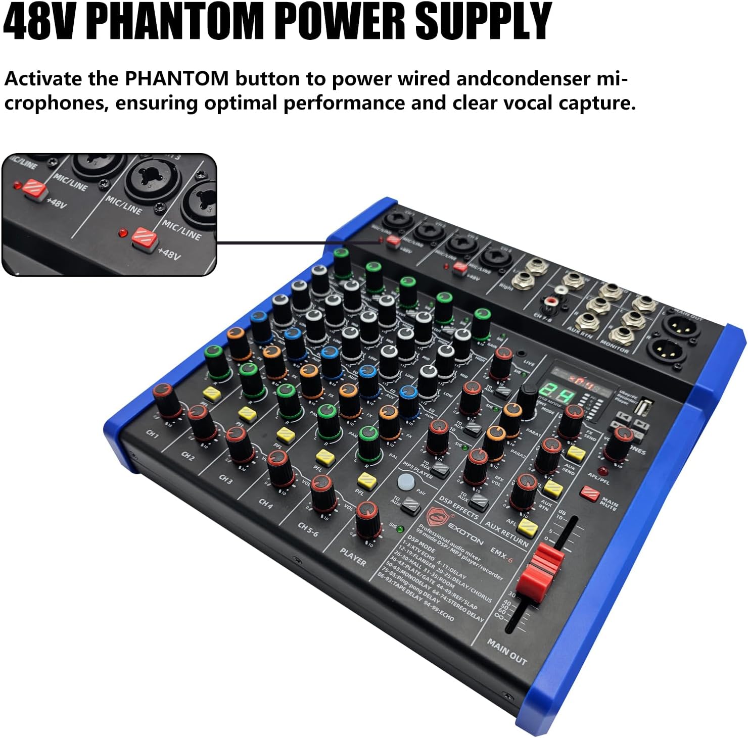 EXOTON Professional Audio Mixer Console, 6 Channel with USB, Bluetooth, MP3 Input, 48V Phantom Power, Ideal for Studio, Live Performance, and DJ Use