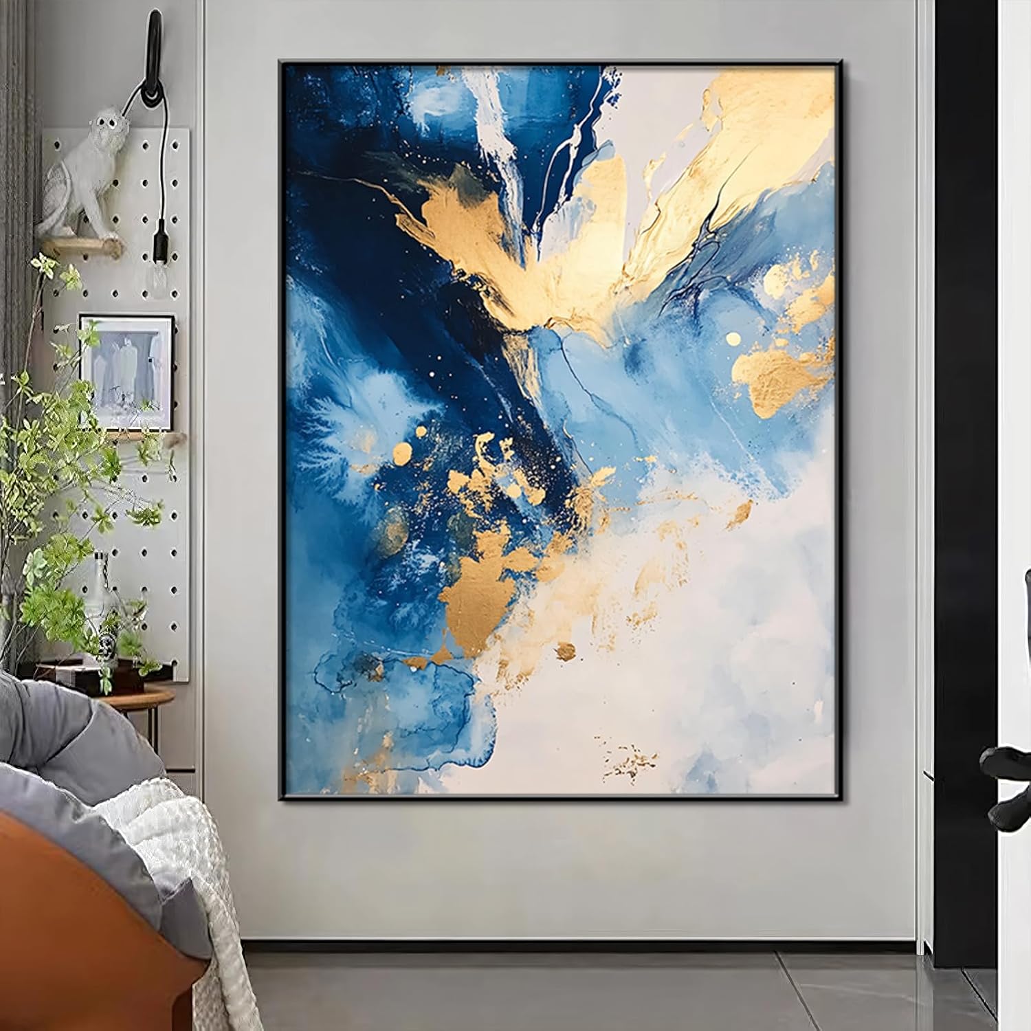 Blue Gold Wall Art,Blue Marble Canvas Wall Art,Large Framed