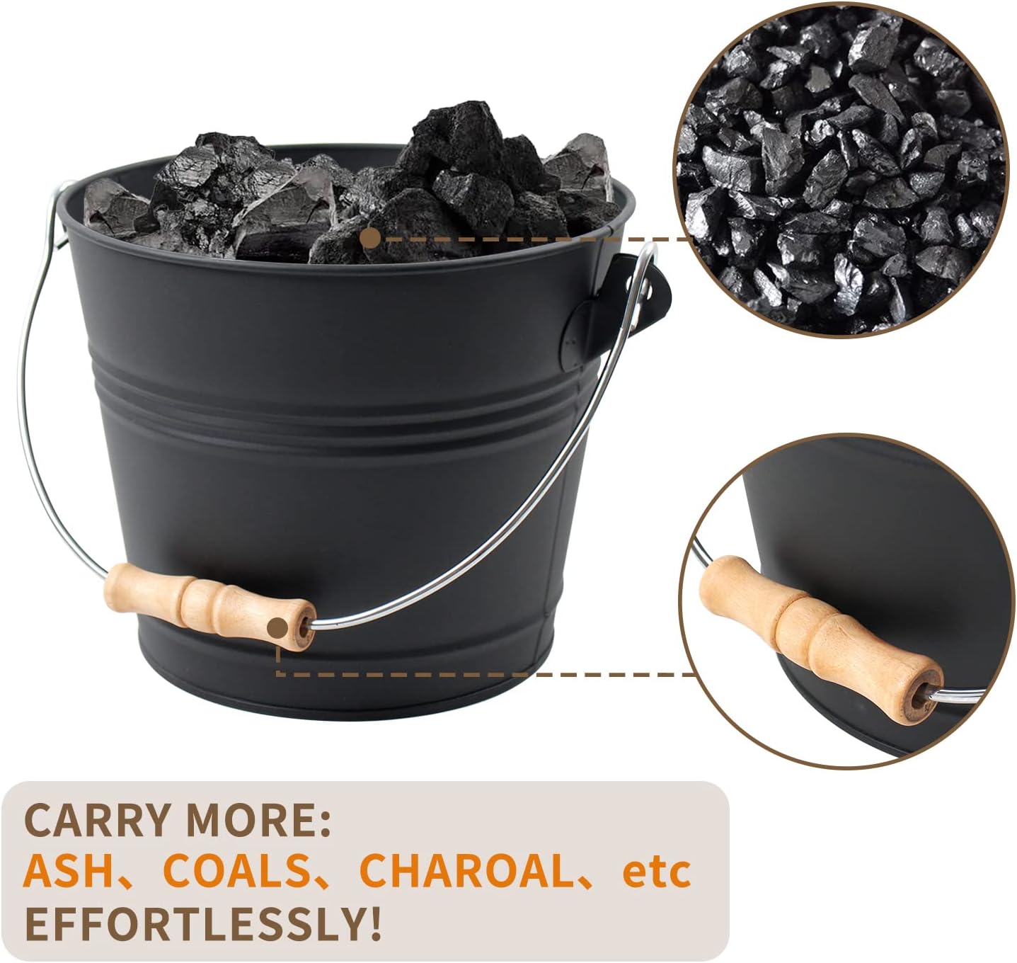 Poofzy Ash Bucket for Fireplace, 1.3 Gallon Ash Bucket with lid for Wood Stove, Includes Shovel, Broom and Gloves Indoor & Outdoor