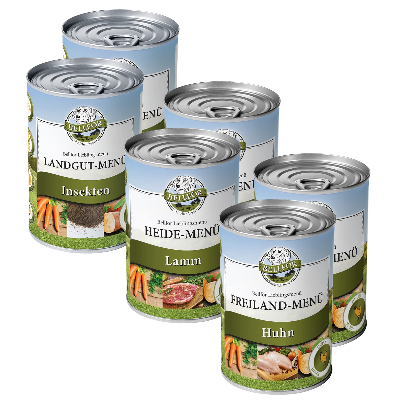 Bellfor Starter-Paket: Lieblingsmenüs Nassfutter – 6 Portionen (2x Freiland-Huhn, 2x Heide-Lamm, 2x Landgut-Insekten)