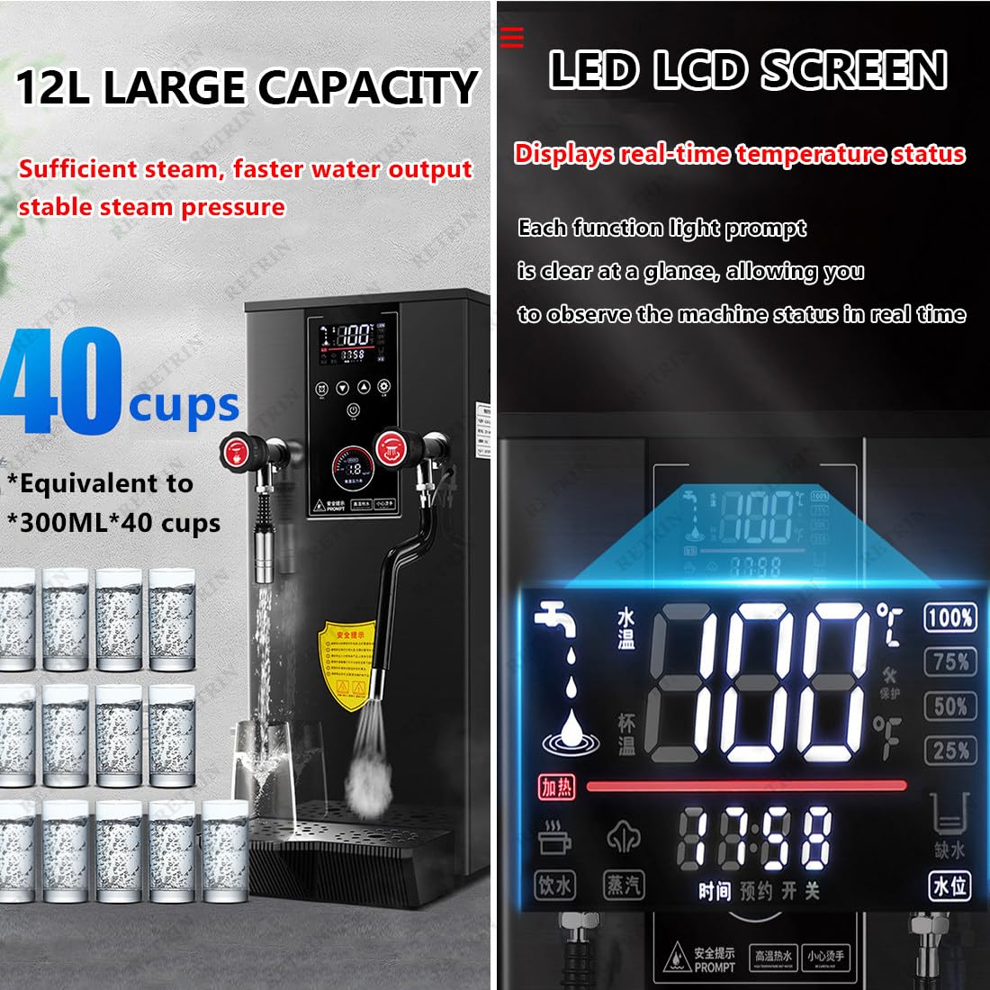 Komercyjny spieniacz do mleka parowego – automatyczny spieniacz do mleka 2200 W ze zbiornikiem 12 l, podwójne zawory 360°, wyświetlacz LED do kawiarni i sklepów z herbatą