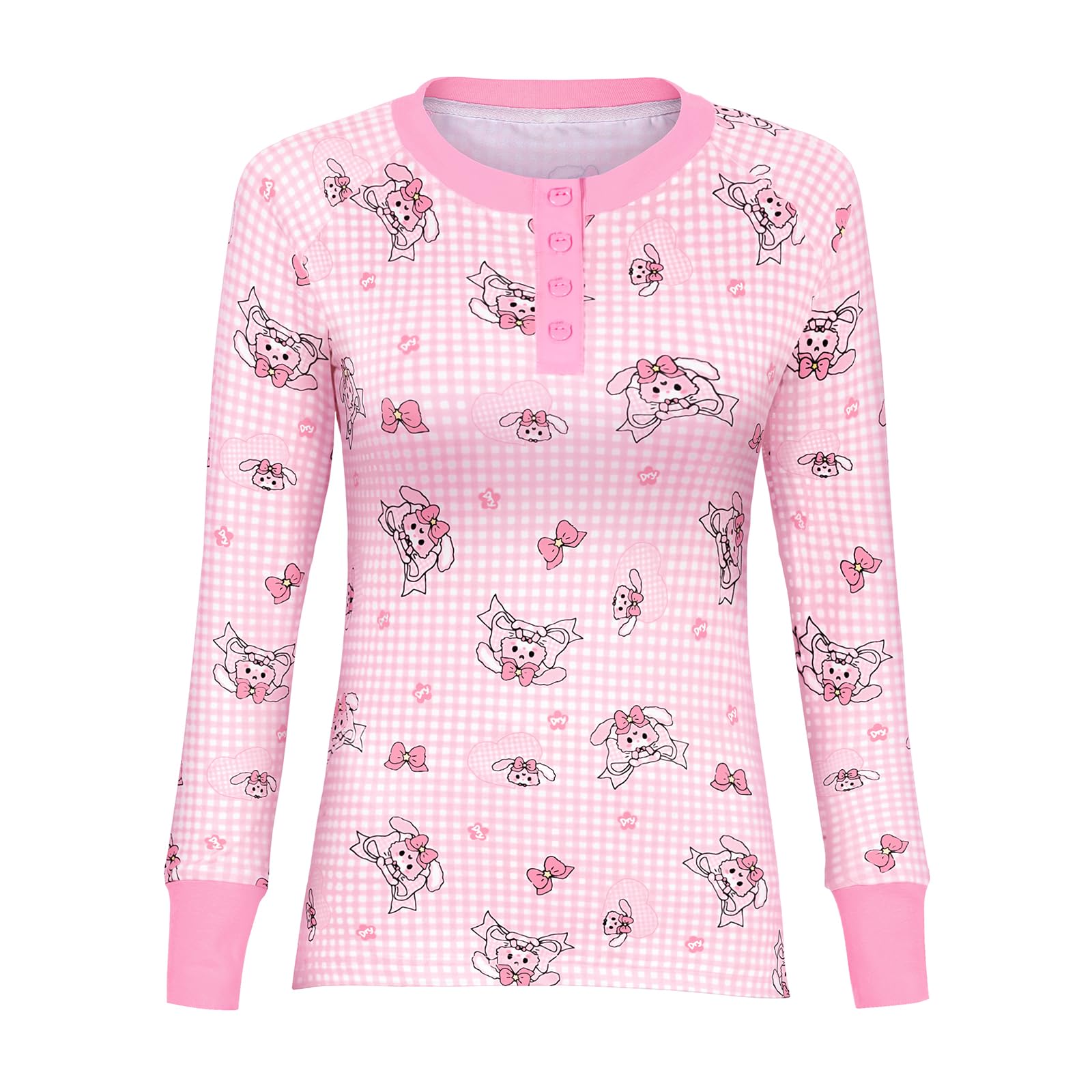 LittleForBig Damen Seidige Lange Ärmel Kuschelig Atmungsaktiv Hasen & Schleifchen Schlafanzug Set Zweiteilig Weich Stretchy Nachtwäsche