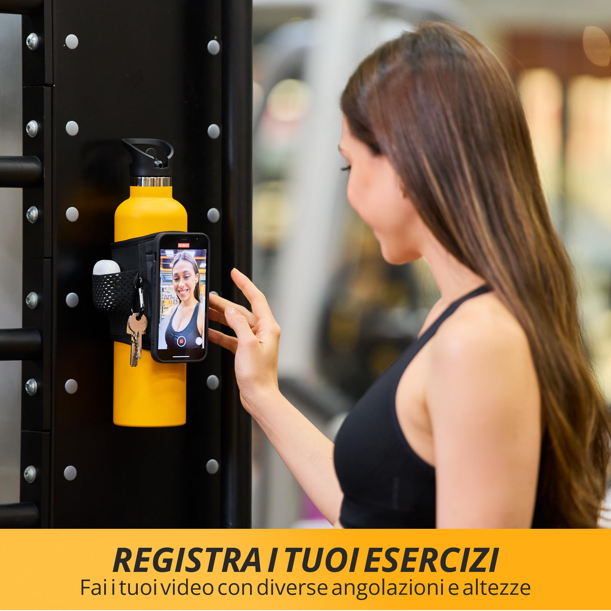 MagnetFit - Custodia Magnetica per Bottiglia d'Acqua da Palestra - Compatibile con MagSafe Apple e con Qualsiasi Smartphone Android - Tasca per AirPods e Chiavi