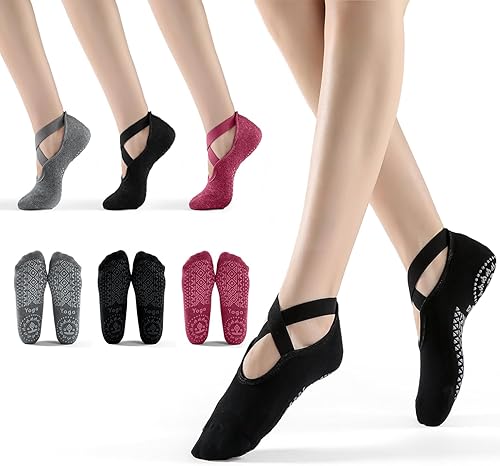 Miniatura 6 de SpringPlus 3 pares de calcetines de yoga para mujer con agarre antideslizante, pilates, barra, yoga, embarazo, baile, entrenamiento descalzo