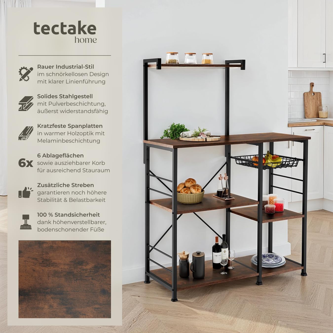 tectake® Küchenregal, Küchenschrank, Regal Metall Holz mit 6 Ablagen, 90x40x131,5cm, Küchenwagen, Kitchen Organizer für Mikrowelle & Geschirr, Kücheninsel - Industrial Dunkelbraun
