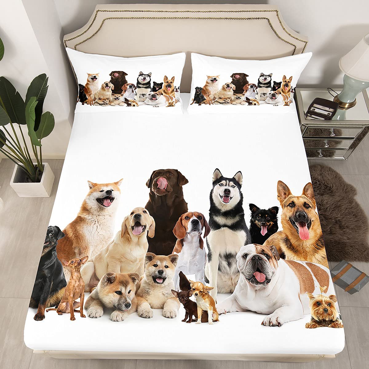Parure de lit en microfibre enfant chien avec 2 taies d'oreiller pour garçons et filles