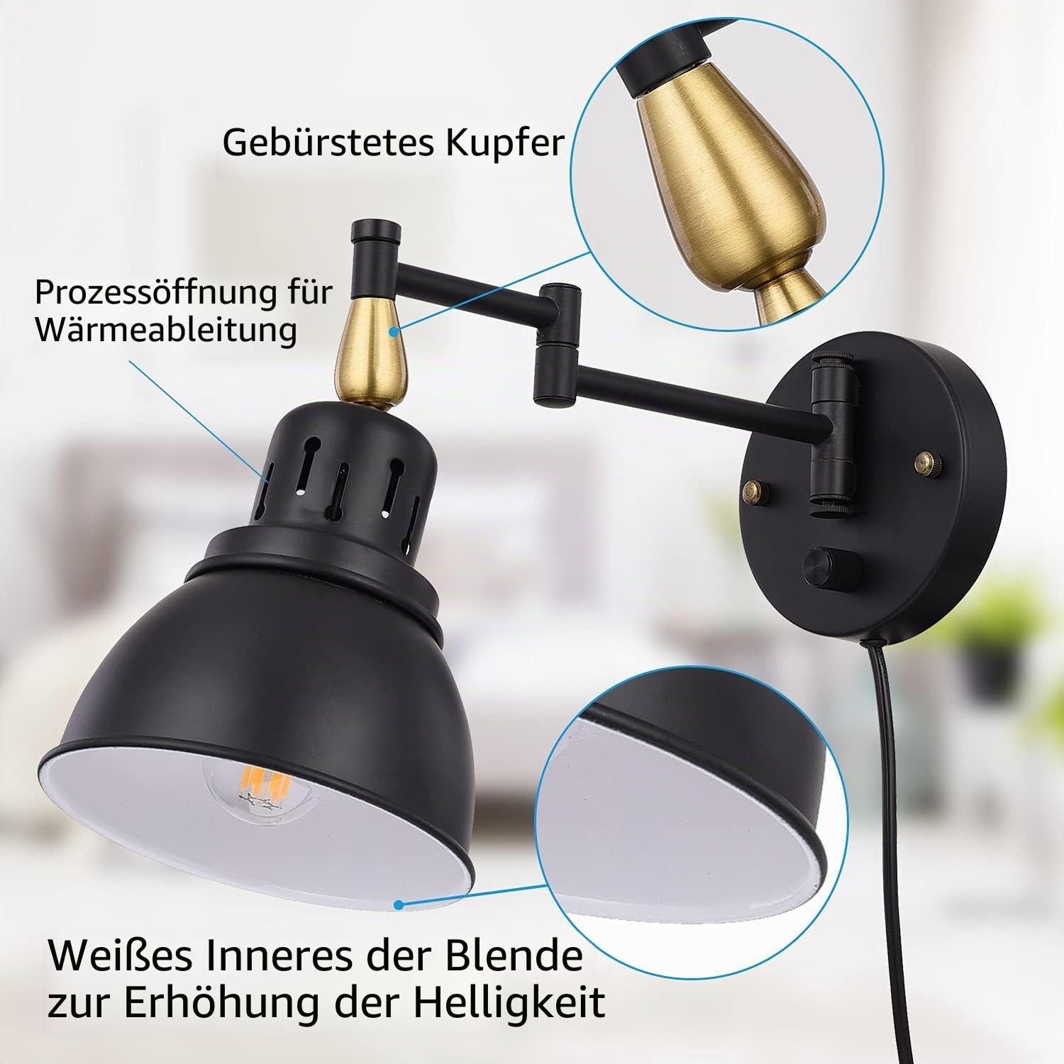 Vintage Wandleuchte Dimmbar mit Schalter Innen Wandlampe Verstellbar 2 Schwenkbar Arm Schwarz Industrial Retro Lampe Wand aus Metall E27 Wandleuchte mit Stecker und Kabel für Wohnzimmer Schlafzimmer
