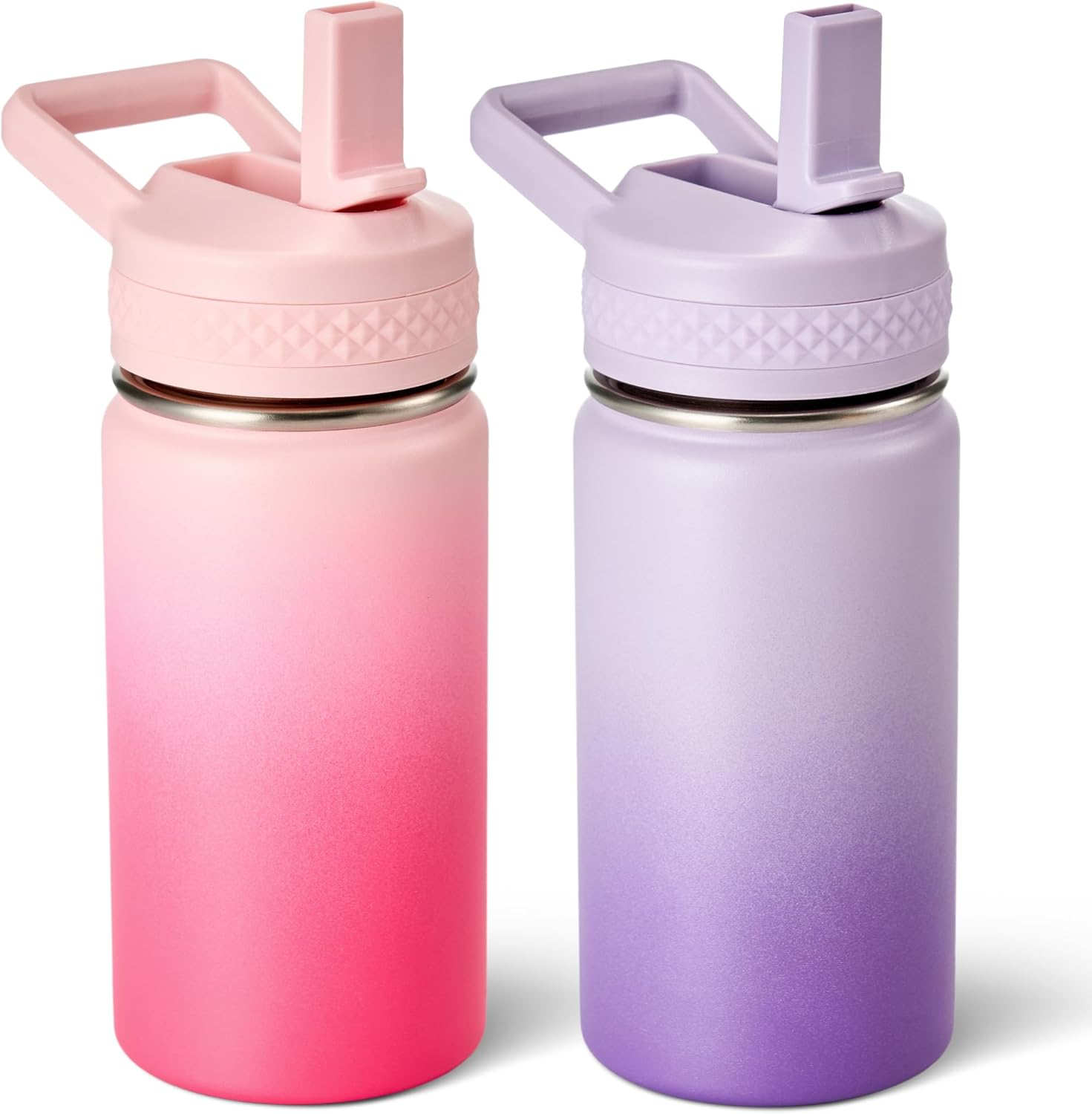 Fijinhom 12 oz Toddler Bottle, 2 Pack Kids Water Bottle for School Boys & Girls with Straws Lids, 304 Stainless Steel Vacuum Insulated Thermos, BPA-Free, Cherry + Gradient Purple