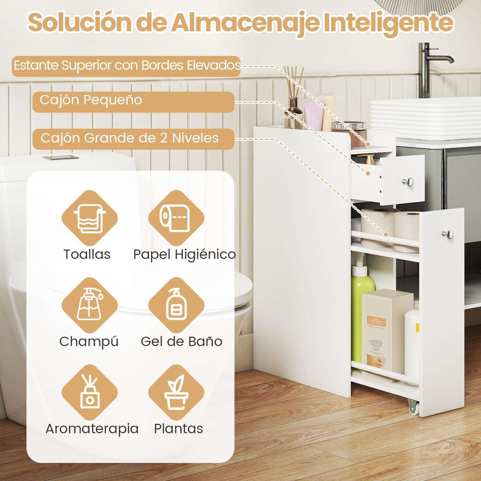 COSTWAY Armario Auxiliar de Baño, Gabinete Lateral Estrecho de 4 Niveles para Inodoro con Cajones Deslizantes, Organizador Delgado de Pie para Espacios Pequeños, 40 x 18 x 70 cm (Blanco)
