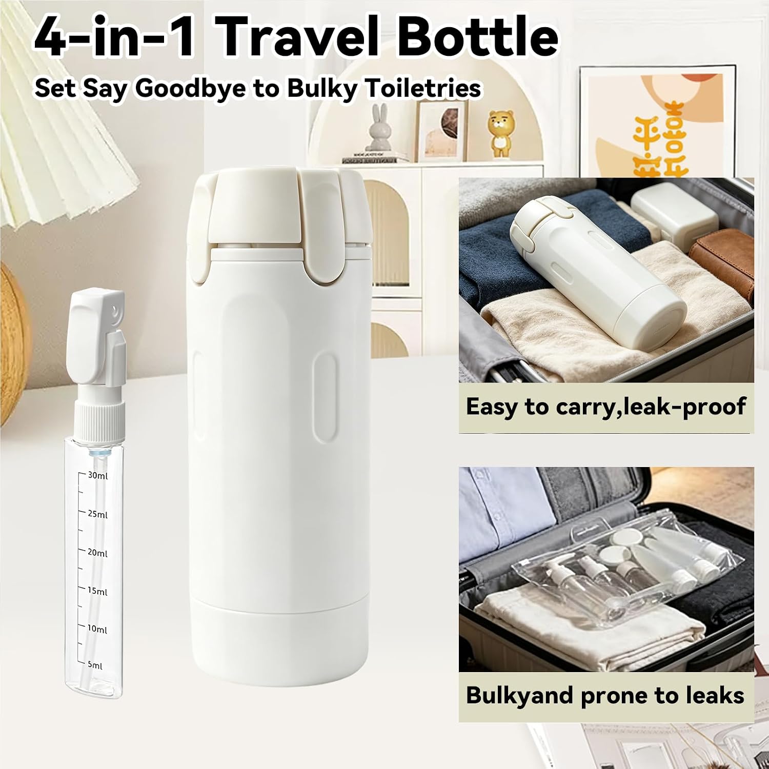 4 in 1 Travel Dispenser Bottle,4 Pack 30ML Travel Toiletries Bottle Set,Suitable for Storing Shampoo, Shower Gel, Laundry Detergent, Suitable for Travel, Camping and Gym-White.