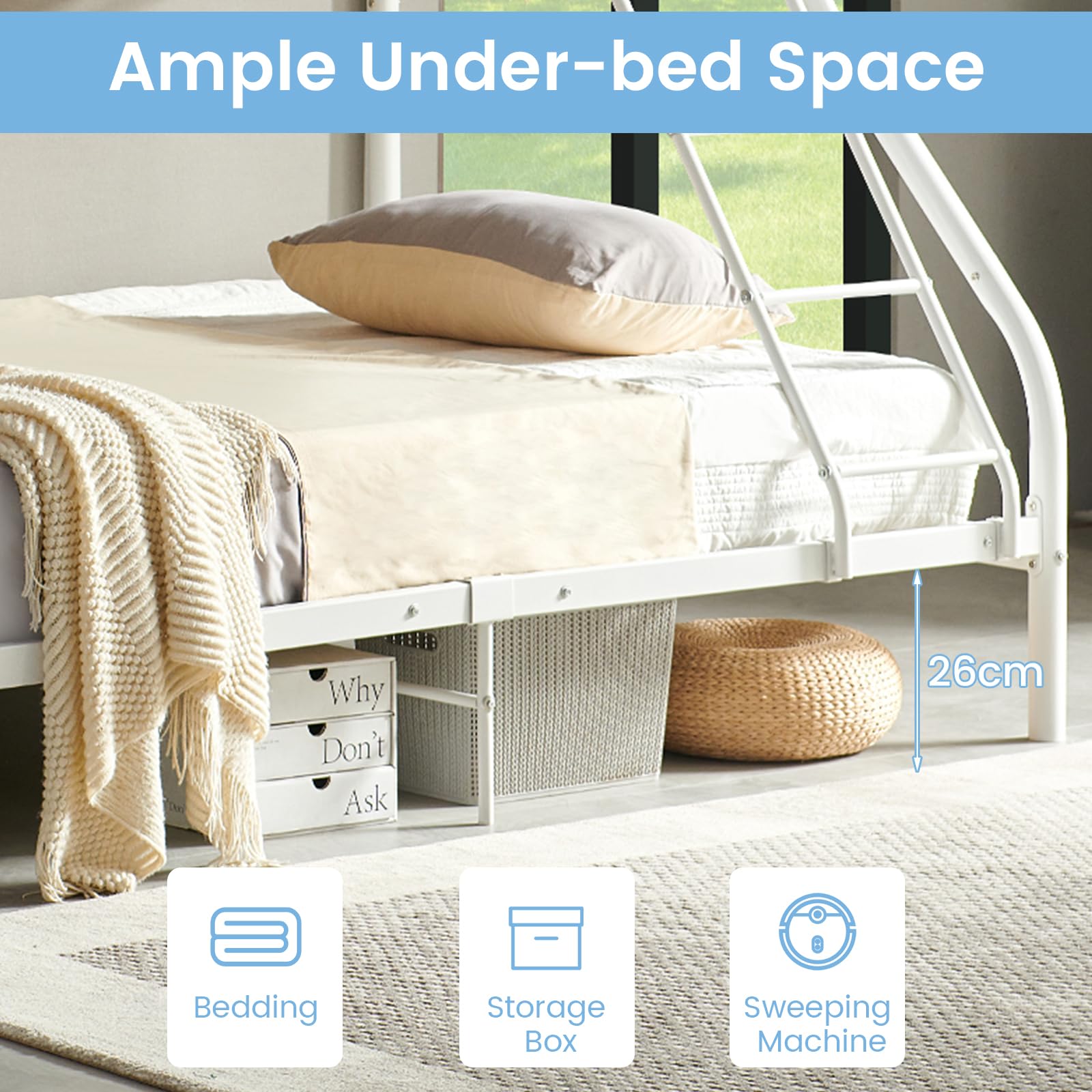 Litera de Metal para Niños, 90 x 200 cm o 140 x 200 cm, Cama Alta Doble Con Somier para Dormitorio Juvenil, Color Blanco