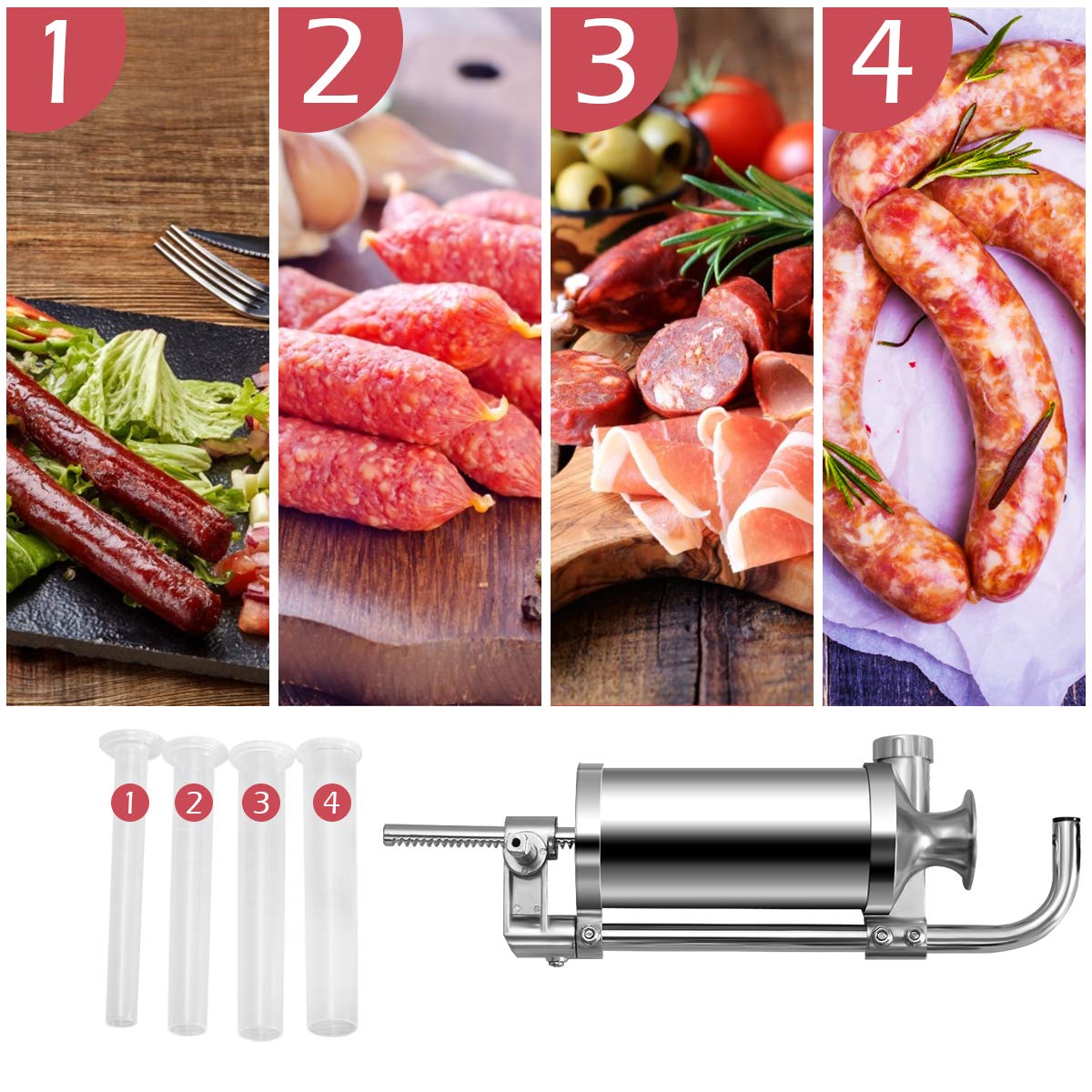 GIANTEX Poussoir à Saucisses Manuel,Machine à Saucisse en Acier Inoxydable, avec Pince de Table & 4 Tubes de Remplissage Différents, pour Maison, Restaurant (3 L)