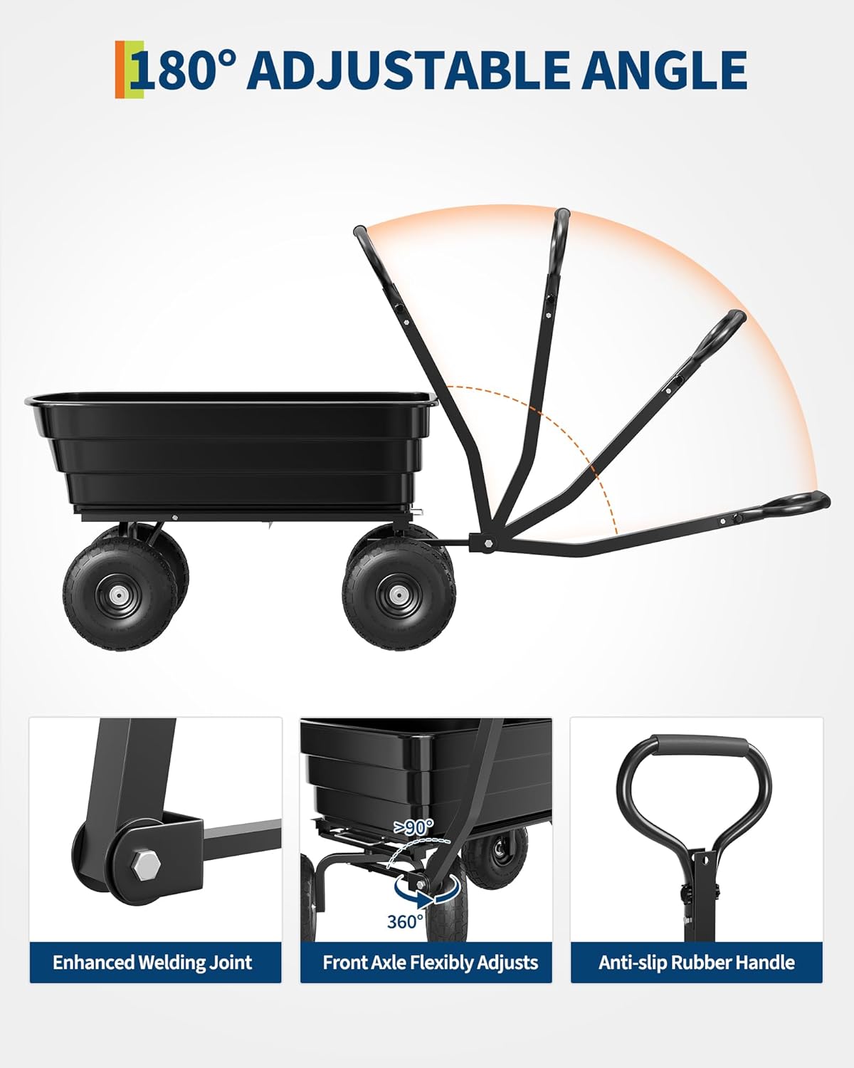 Garden Dump Cart, 1200 Lb Capacity Heavy Duty Utility Cart, Wheelbarrow with 180° Pivot Handle for Yard, Lawn & Gardening(Black)