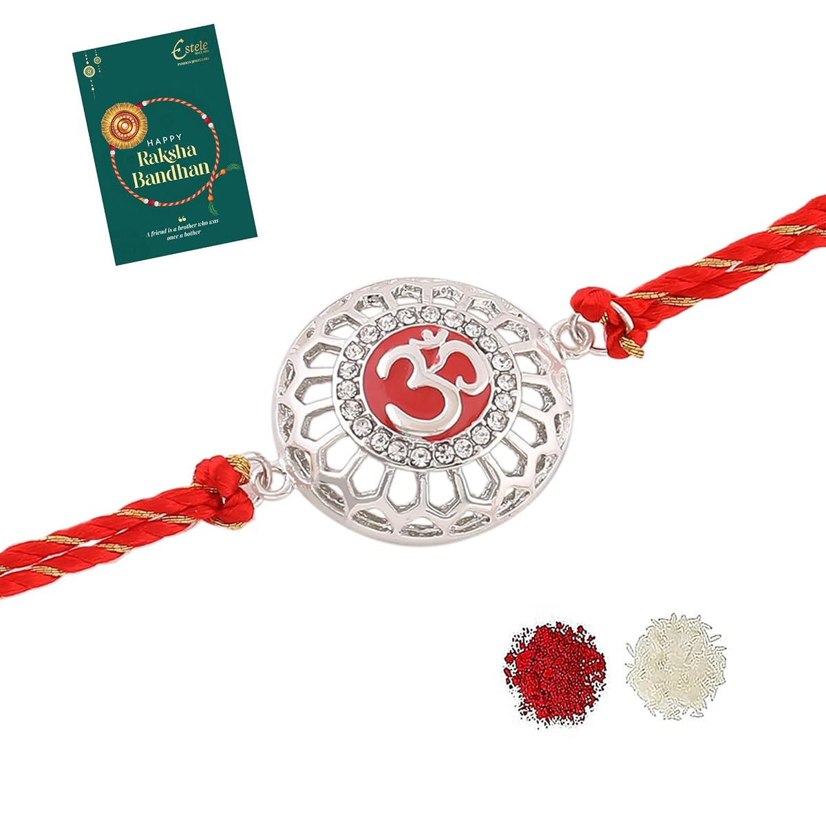 Estele Rhodium Plated Red Enamel Om Bracelet with Fancy Silk Thread For Men