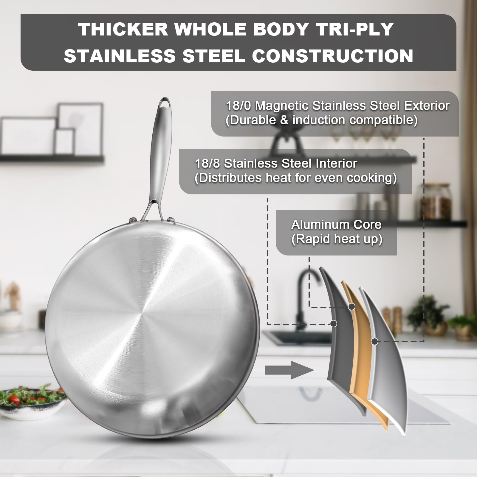 Sartén de acero inoxidable de tres capas de 12 pulgadas, sartén, sartén de inducción, apta para lavavajillas y horno, calor rápido y uniforme, mango resistente y desmontable 2