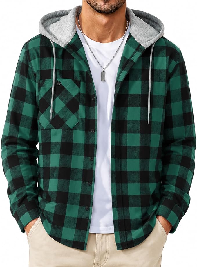 Men's Flannel Button Down Hoodie (multiple colors) - $19.98