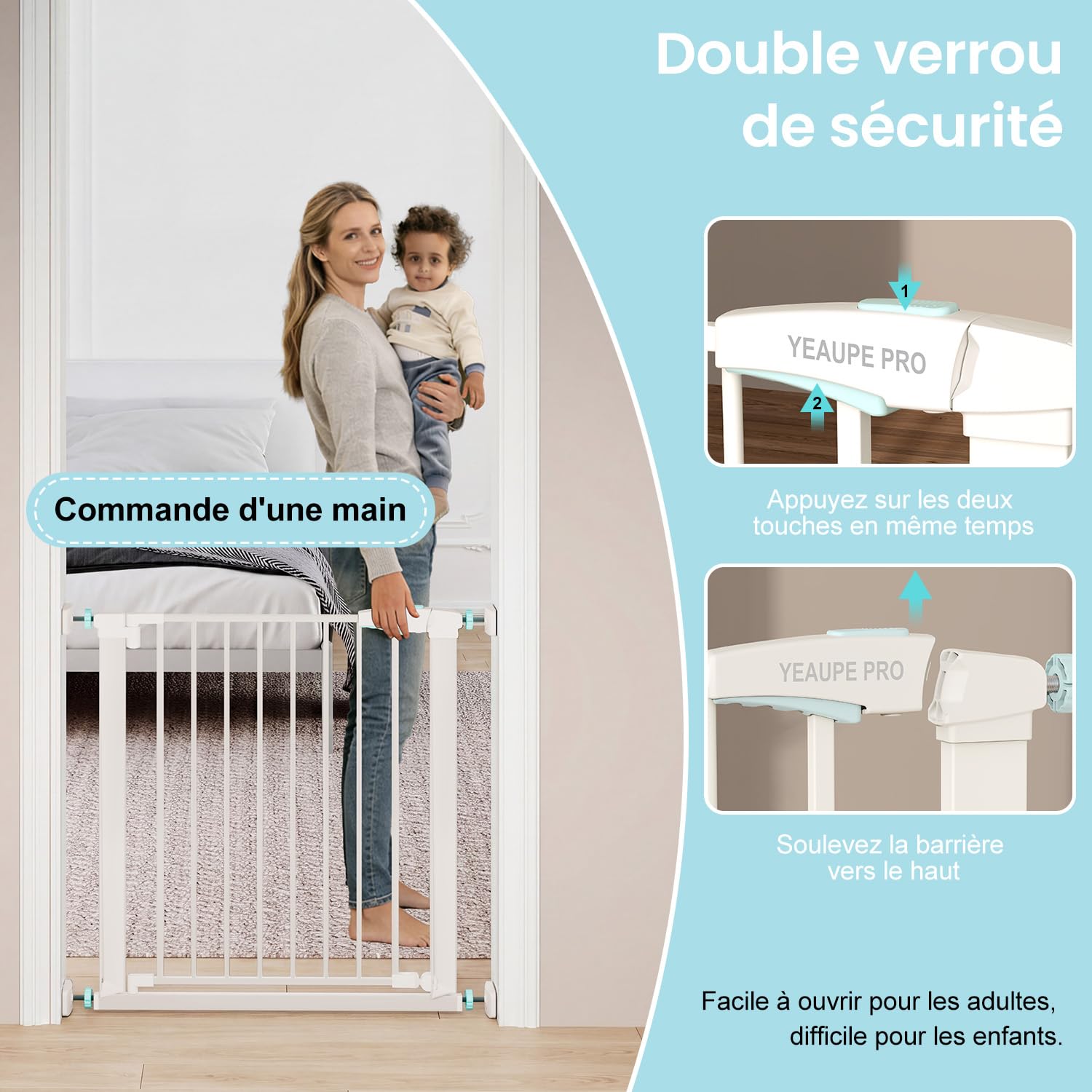 YEAUPE PRO Barrière de Sécurité Enfant 74-78 cm, Barrière Escaliers Portes Pression, Double Verrouillage, Blanc