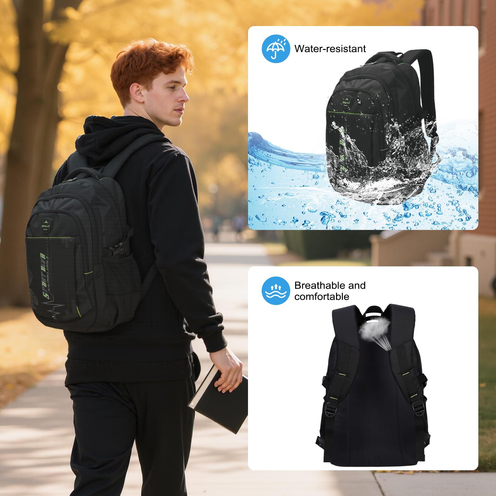 SIVENKE Zaino per la scuola, per ragazzi, adolescenti, per la scuola, per laptop, multifunzione, impermeabile, per la scuola, i viaggi, nero/verde