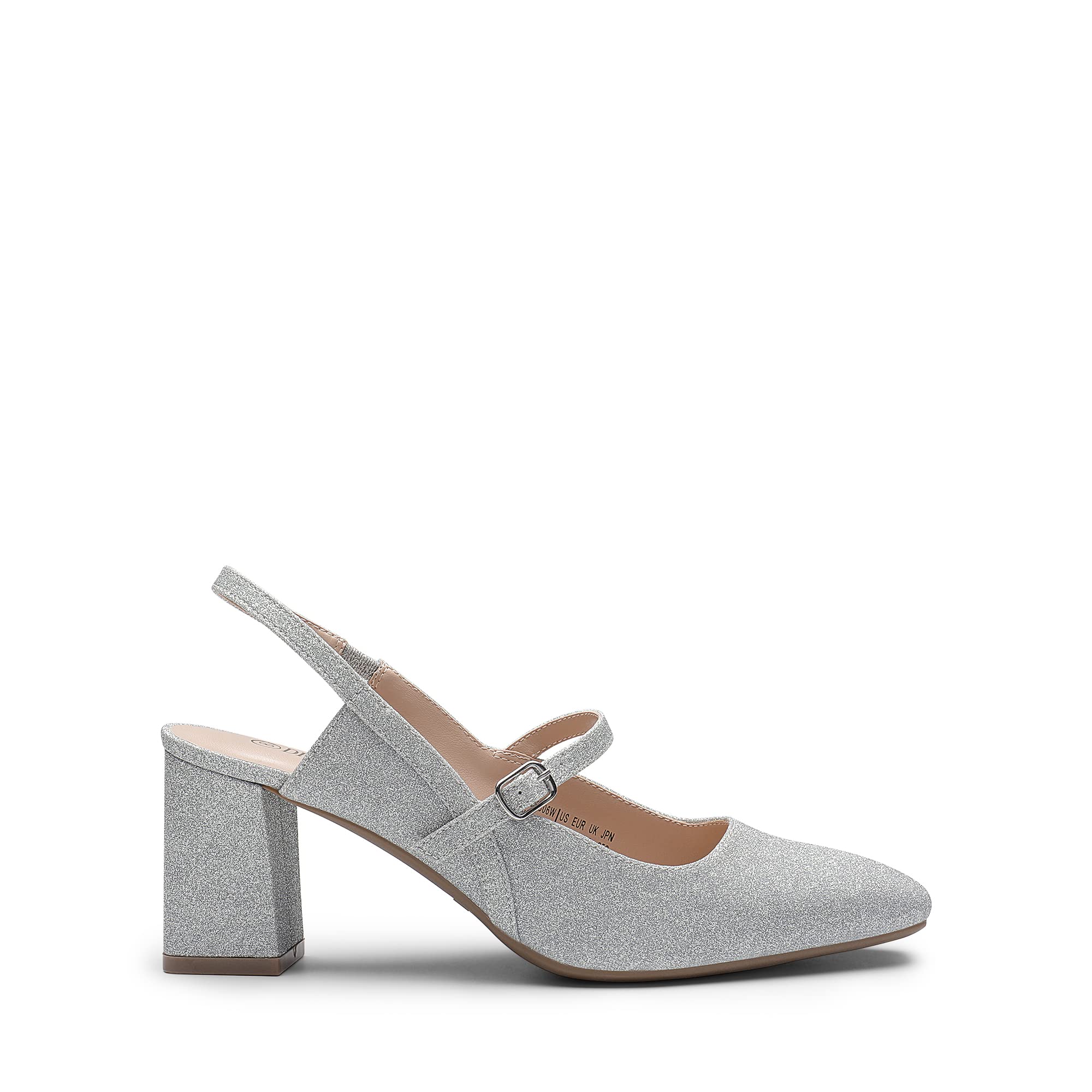 DREAM PAIRS Damskie zamknięte palce grube wysokie obcasy Mary Jane Block Square Toe Slingback Strappy Dress Work Pumps Shoes, Srebrny-brokat, 39 EU