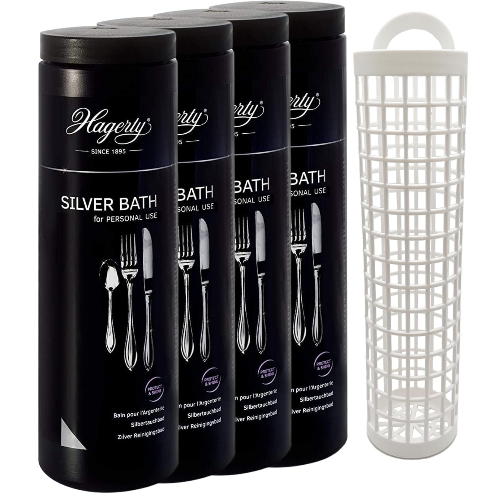Hagerty Set 4x Silver Bath Silbertauchbad mit Anlaufschutz 580 ml I Effektives Silberputzmittel für Besteck aus Silber und versilbertem Metall I Silber-Reinigungsbad für erneuerten Glanz mit Tauchkorb