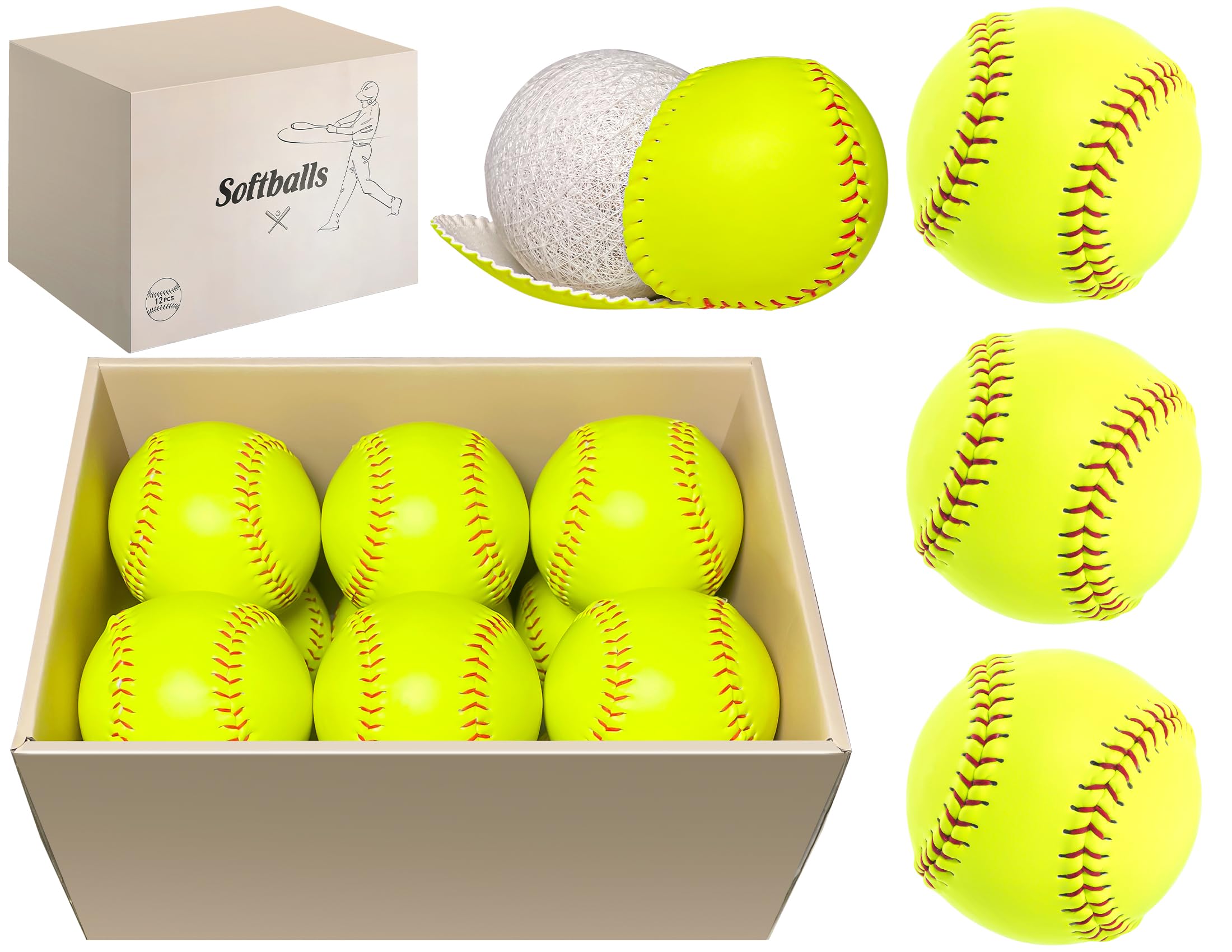 HANKLENSS 6/12 Pack Sports Practice Softballs - 12-Inch Official Size and Weight Slowpitch Softball, Unmarked & Leather Covered Training Ball for Games, Practice and Training, Yellow (12)