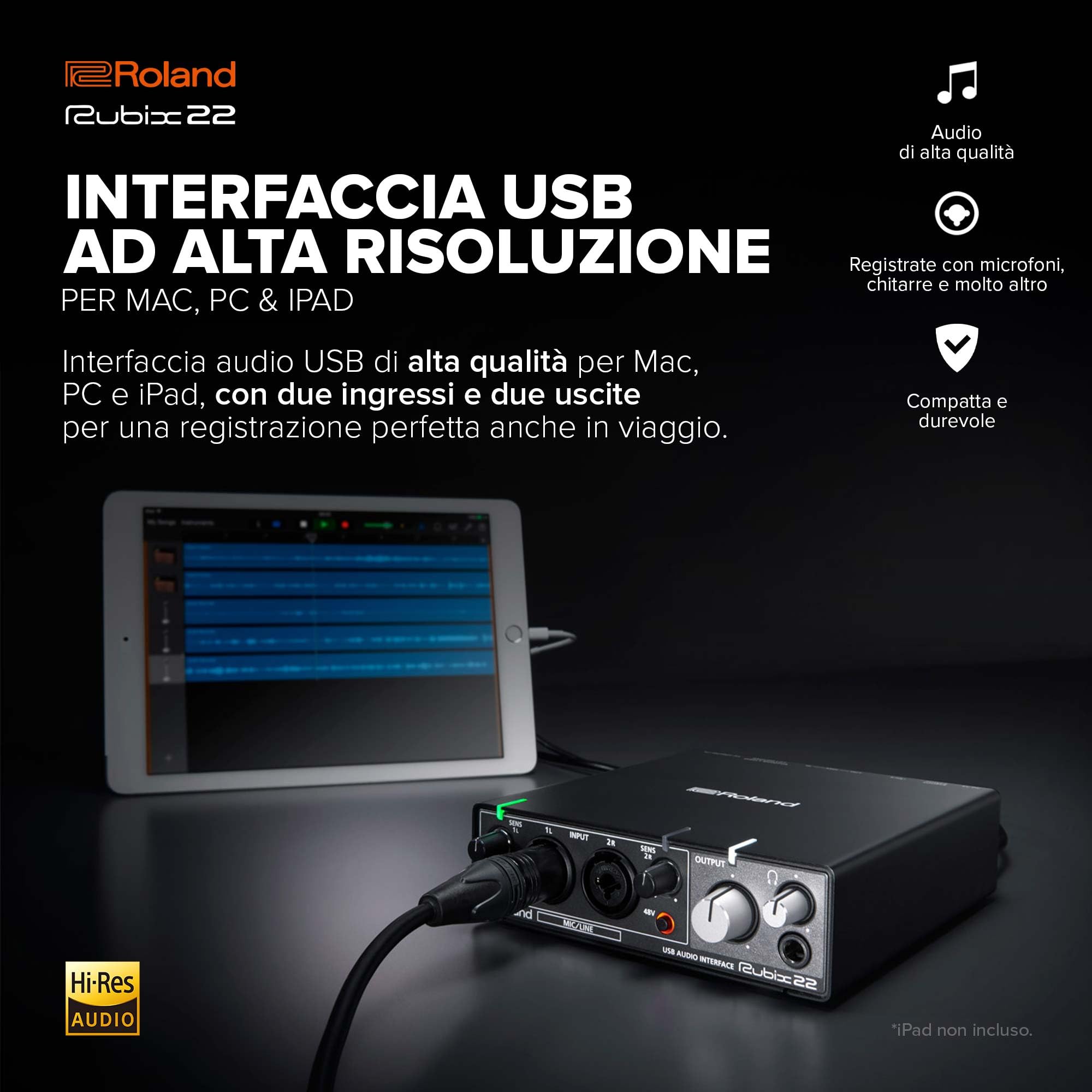 Interfaccia audio USB Roland Rubix22 2-In/2-Out | Audio ad alta risoluzione | Registrate con microfoni, chitarre, tastiere e altro | Costruzione compatta e durevole | Compatibile con Mac, PC e iPad