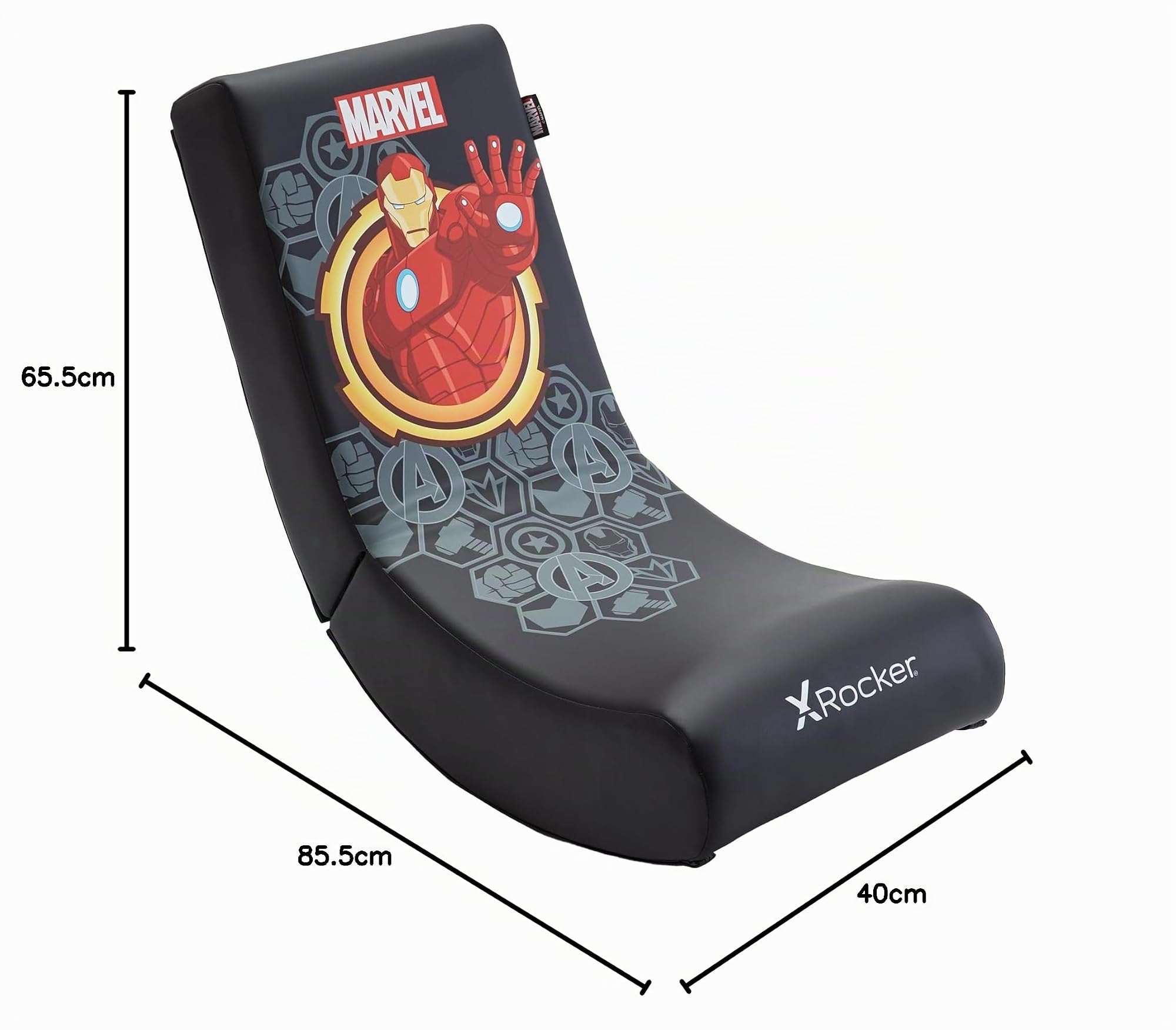 X-Rocker Marvel Iron Man Chaise de jeu vidéo à bascule pour juniors, siège à bascule pliable sous licence officielle Marvel, chaise de jeu en similicuir pour enfants Hero – Édition Ironman Noir