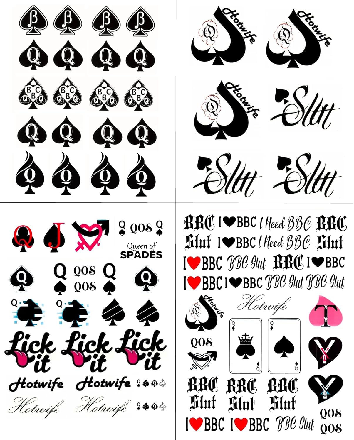BBC Queen of Spades temporäre Tattoo-Aufkleber, insgesamt 81 (15 x 21 cm), QOS Hardcore-Wörter, Sätze, temporäre Tattoos, 4 Bögen