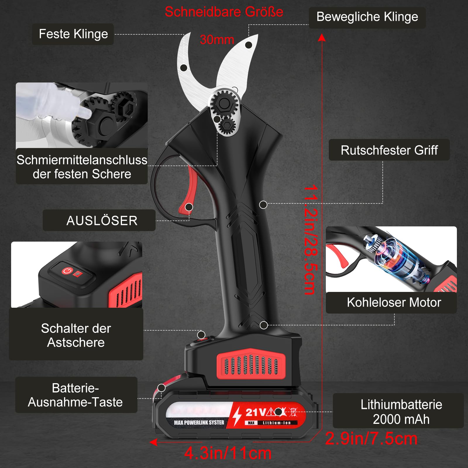 Akku Astschere,30mm Astschere Akku,21V,2x2.0Ah Batterien,Bürstenloser Motor, Ersatzklinge,0.9Kg Leichtes Gehäuse,für Gärten, Obstplantagen und Landwirtschaftliche Betriebe